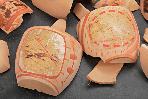 Pathfinder, 2014 detail terracotta pots, digital print on decal, ochre