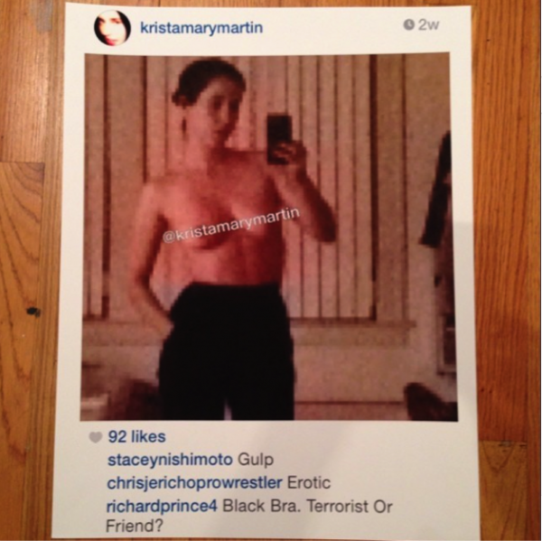 The now-deleted Prince #regram of LA-based artist Krista Mary Martin,  printed out and captioned “Black Bra. Terrorist or Friend?”
