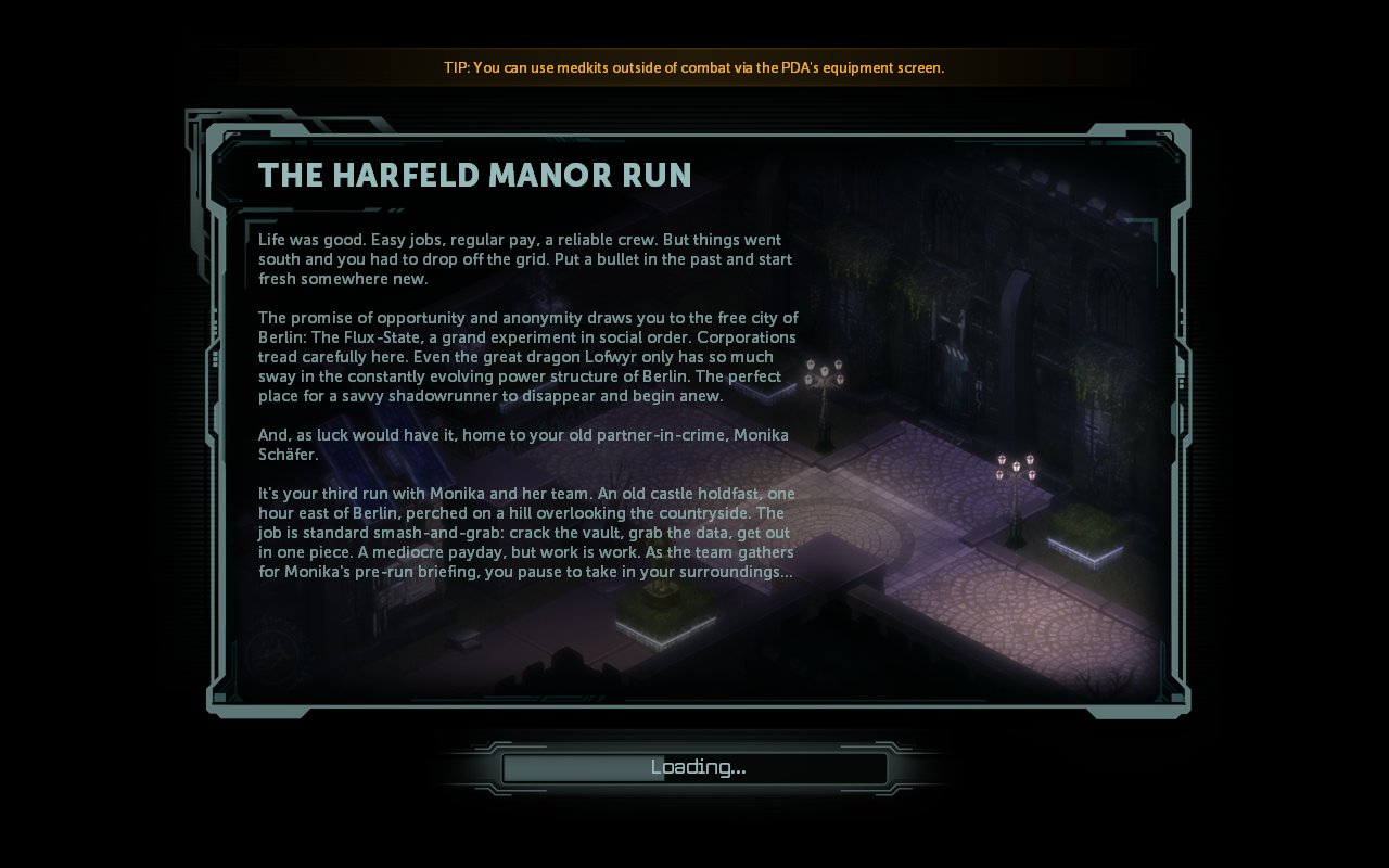 Screenshot from the game Shadowrun: Dragonfall, where Berlin, in 2060, has turned into an anarchist "flux-state."