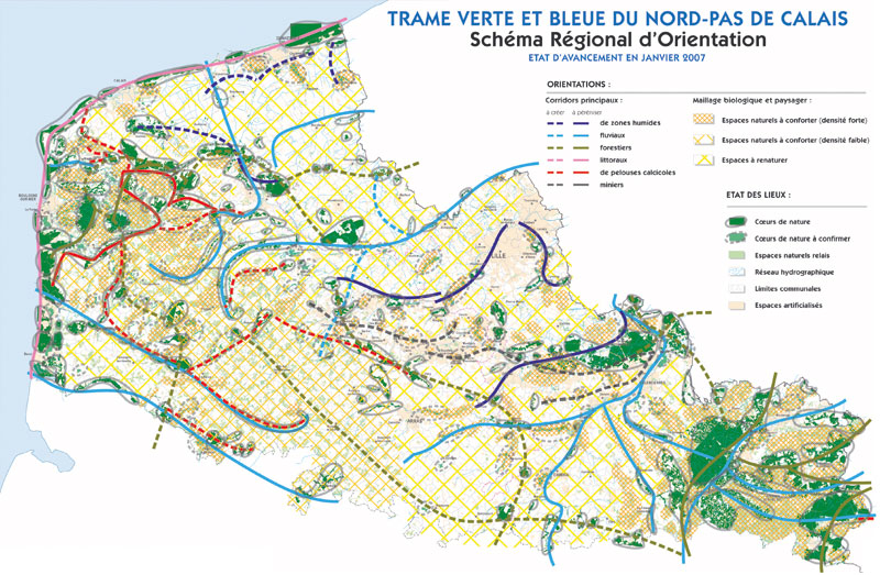 France’s Trames Vertes et Bleues (Green and Blue Grid) strategy seeks reframe ecology in the city, as in this regional plan for ecological coherence mapped for the Nord-Pas-de-Calais region. The Green and Blue Grid is designed to enhance territorial ecological connectivity by superposing an ecological grid atop urban policy. However, this initiative remains flawed due to its top-down, hyper-centralized planning and implementation structure. © Institut National de l’Information Géographique et Forestière
