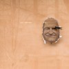 Andrew Norman Wilson, Robin Williams window shade. Vegetable tanned leather, acrylic paint, 3D powder print, steel chains, swimbait fish hooks.