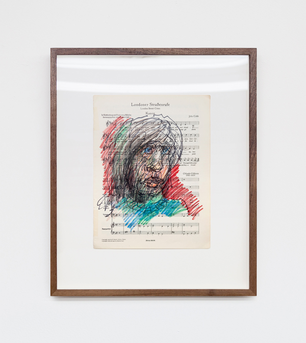 Miami-Dutch, London Street Cries (Portrait), 2015, ink and color pencil on sheet music, 12 x 9 inches (30.48 x 22.86 cm) 19 x 16 inches (48.26 x 40.64 cm) (framed), Unique