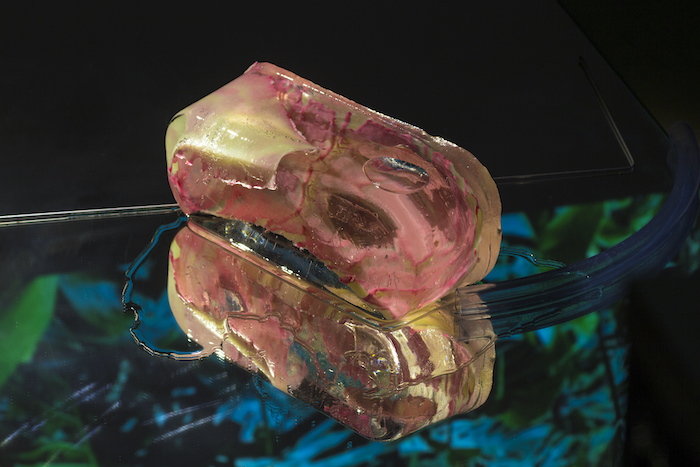 Pakui Hardware, Get The Freeze Habit, 2015. Silicone, resin, ice, mirror, Casio projector, SD Laser 303, office chair, found images on the Internet . Produced while in residence at Nida Art Colony of the Vilnius Academy of Arts 