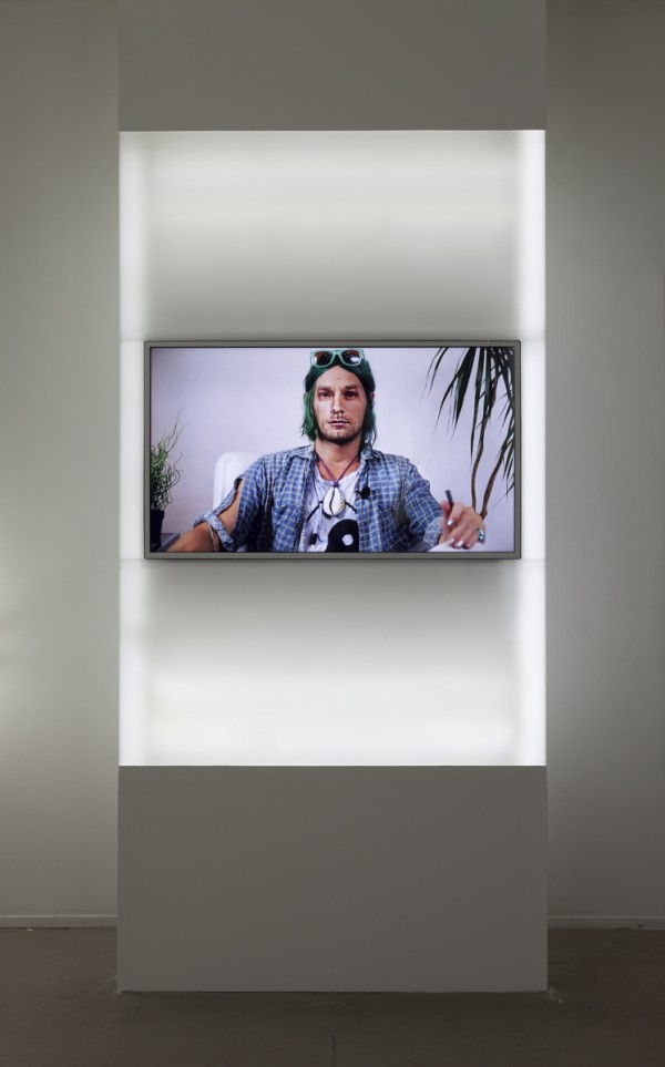Forever 27, 2013, sculpture with video: plexiglass, LED lights, MDF, plywood, HD television, media player, SD card, 16 min HD video