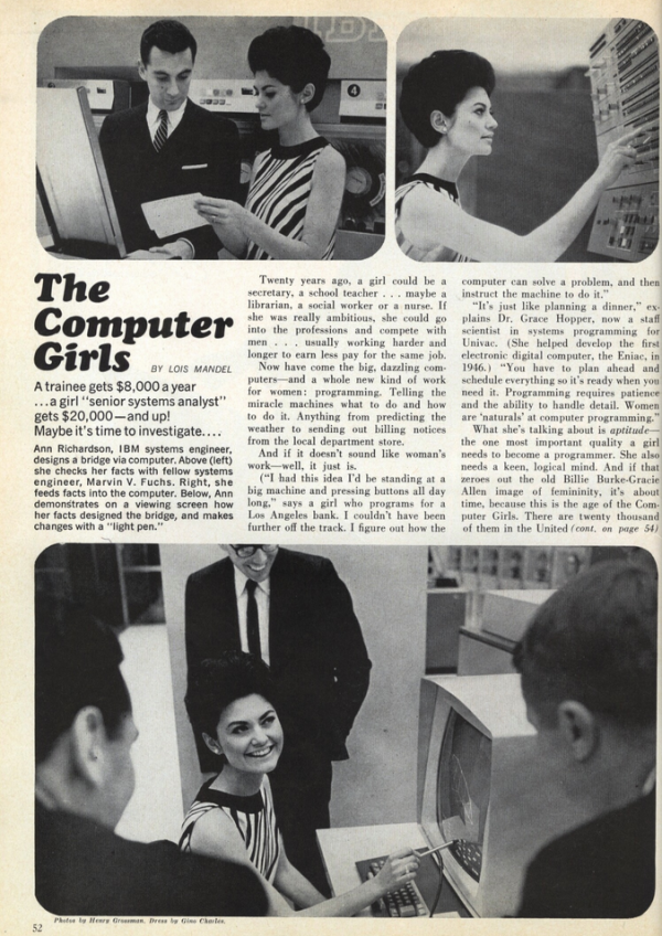 In 1967, programming was seen as a feminine profession: 'It's just like planning a dinner!' Image courtesy of Cosmopolitan Magazine.