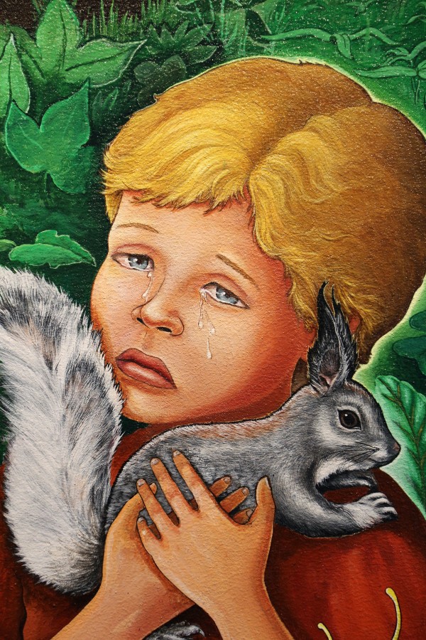 Boy and squirrel at DIA airport, Josef Bull, 2014