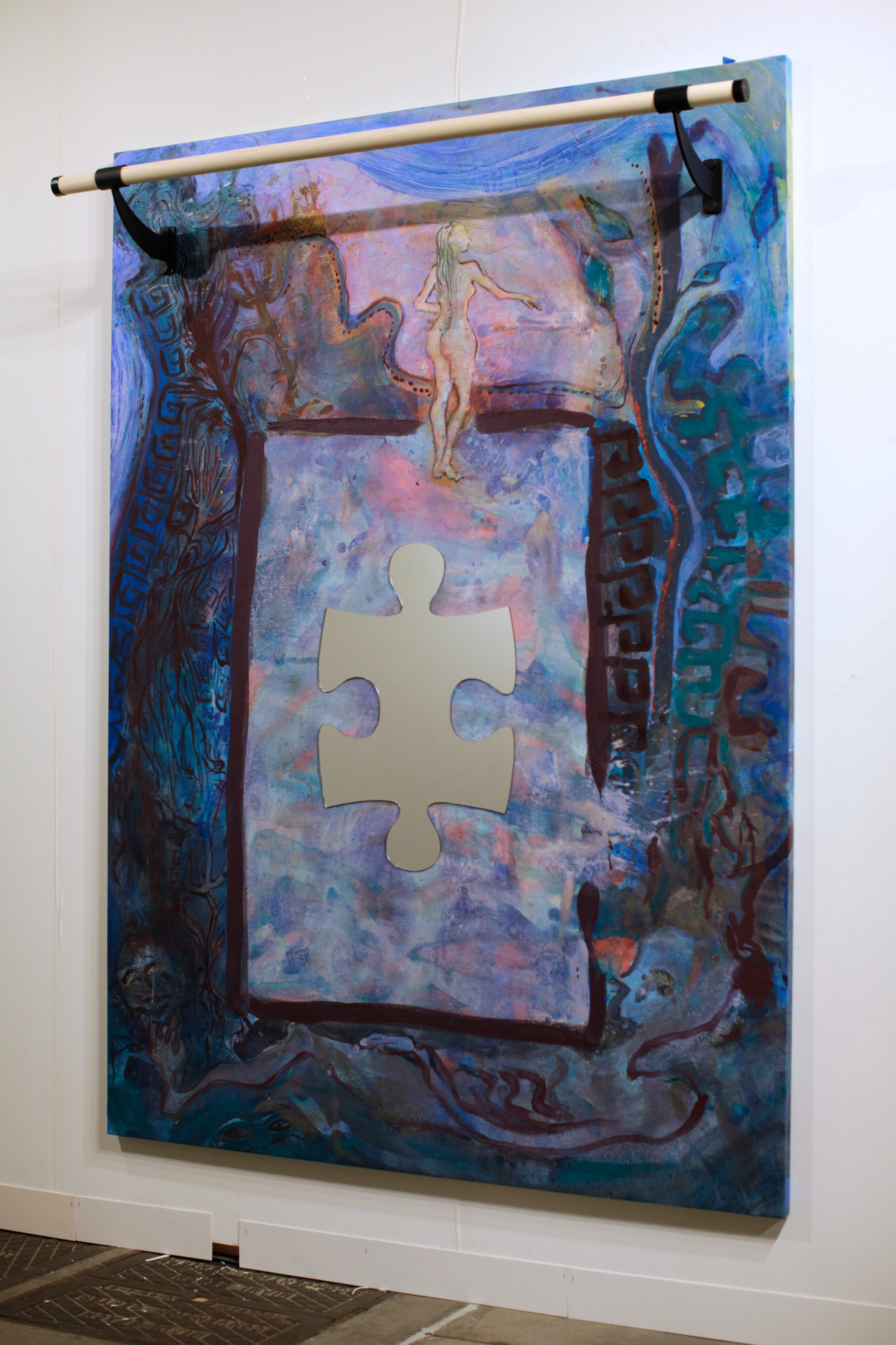 #Puzzled, 7x5 feet, acrylic, mirrored plexiglass, ballet barre on linen, 2014