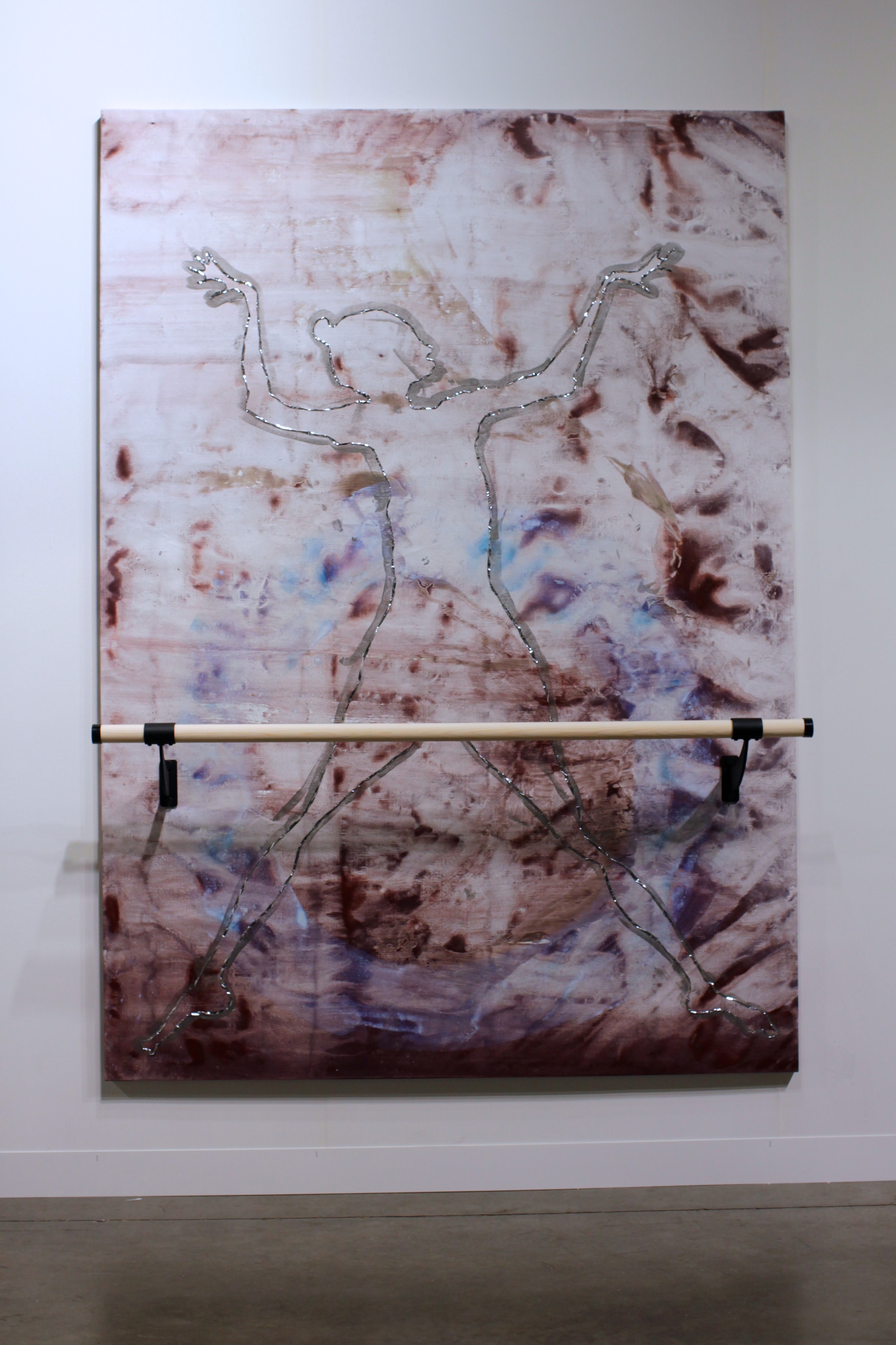 Ushering in Jupiter, 7x5 feet, acrylic, mylar tape, ballet barre on linen, 2014
