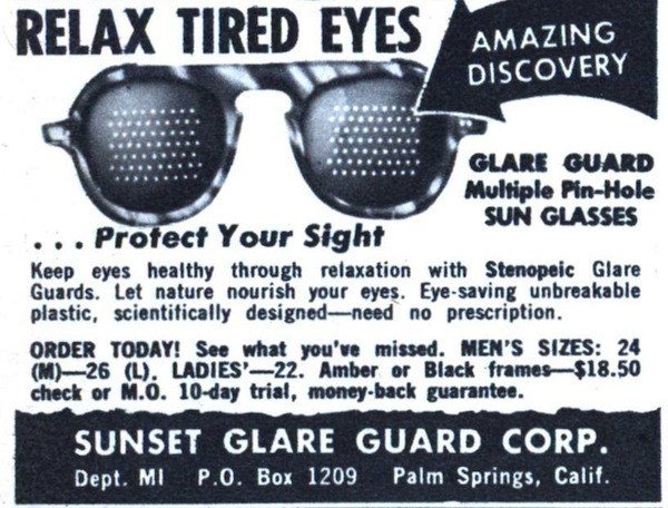 Relax Tired Eyes, Sunset Glare Guard Corp., Palm Spring, California – ad, circa 1950s