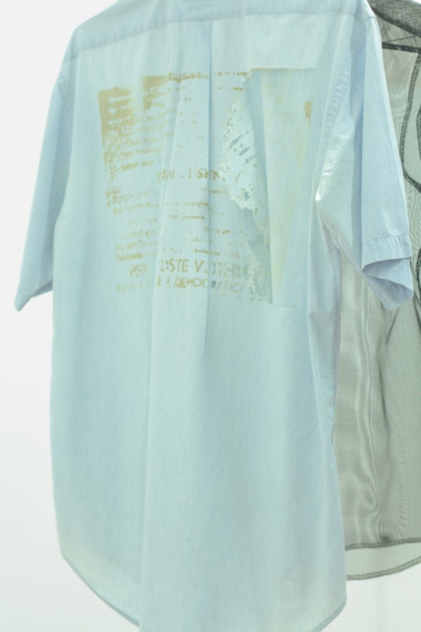 airehgnU ni edecus asoC, 2015 (Detail). Gauze Mesh Shirt, Laser Etched Denim Shirt