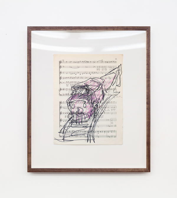 Miami-Dutch, London Street Cries (Train), 2015, ink and color pencil on sheet music, 12 x 9 inches (30.48 x 22.86 cm) 19 x 16 inches (48.26 x 40.64 cm) (framed), Unique