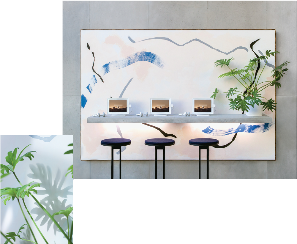 Installation views, 9th Berlin Biennale: Christopher Kulendran Thomas, From the ongoing work New Eelam, 2016 Acrylic on canvas, concrete shelf, LEDs, plant and ‘New Eelam’ film (HD, 14:06) Images: Laura Fiorio / Joseph Kadow
